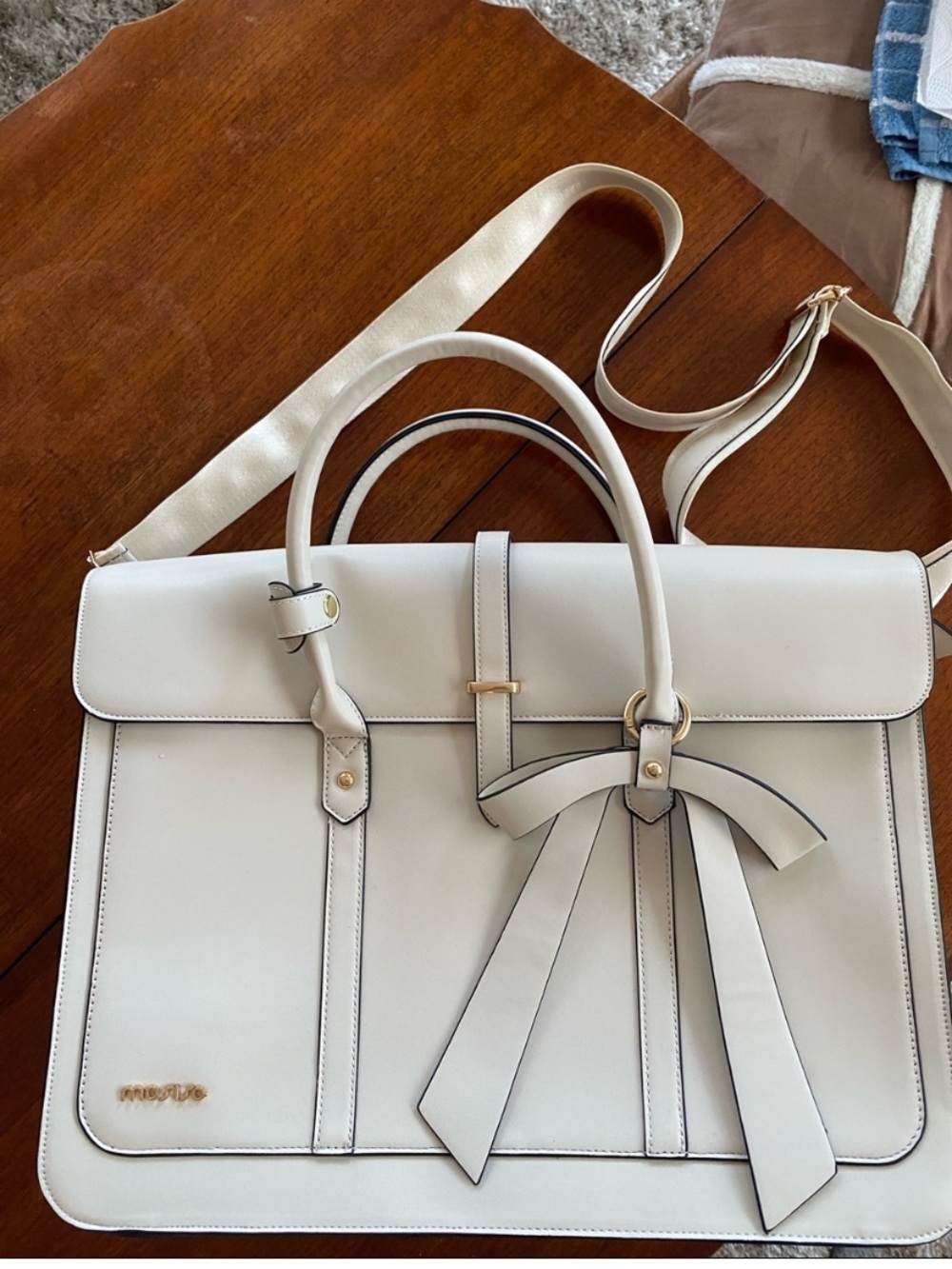 Cream Bow Accent Mosiso Laptop Satchel Bag